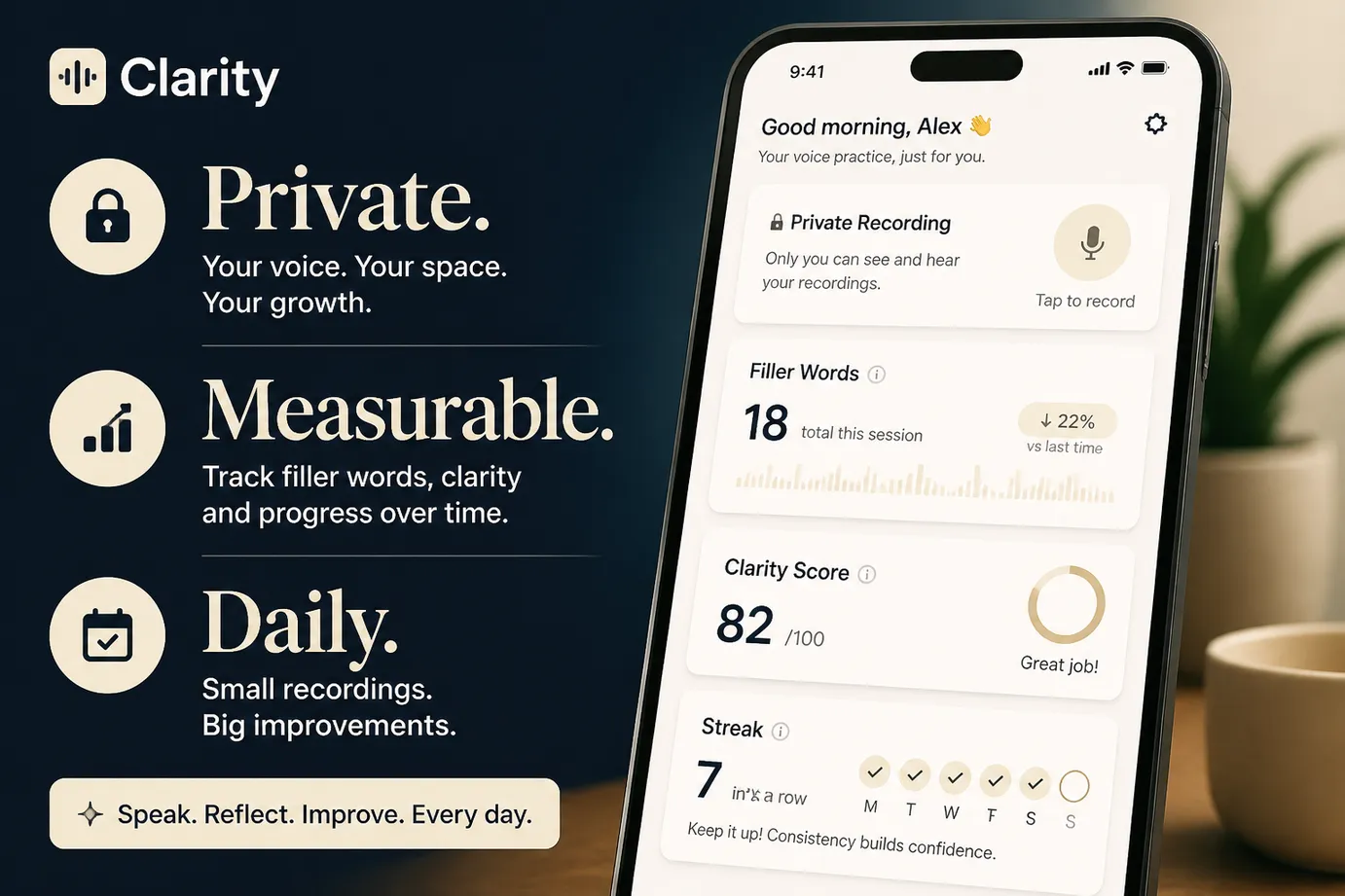 Private public speaking practice with measurable progress on a phone